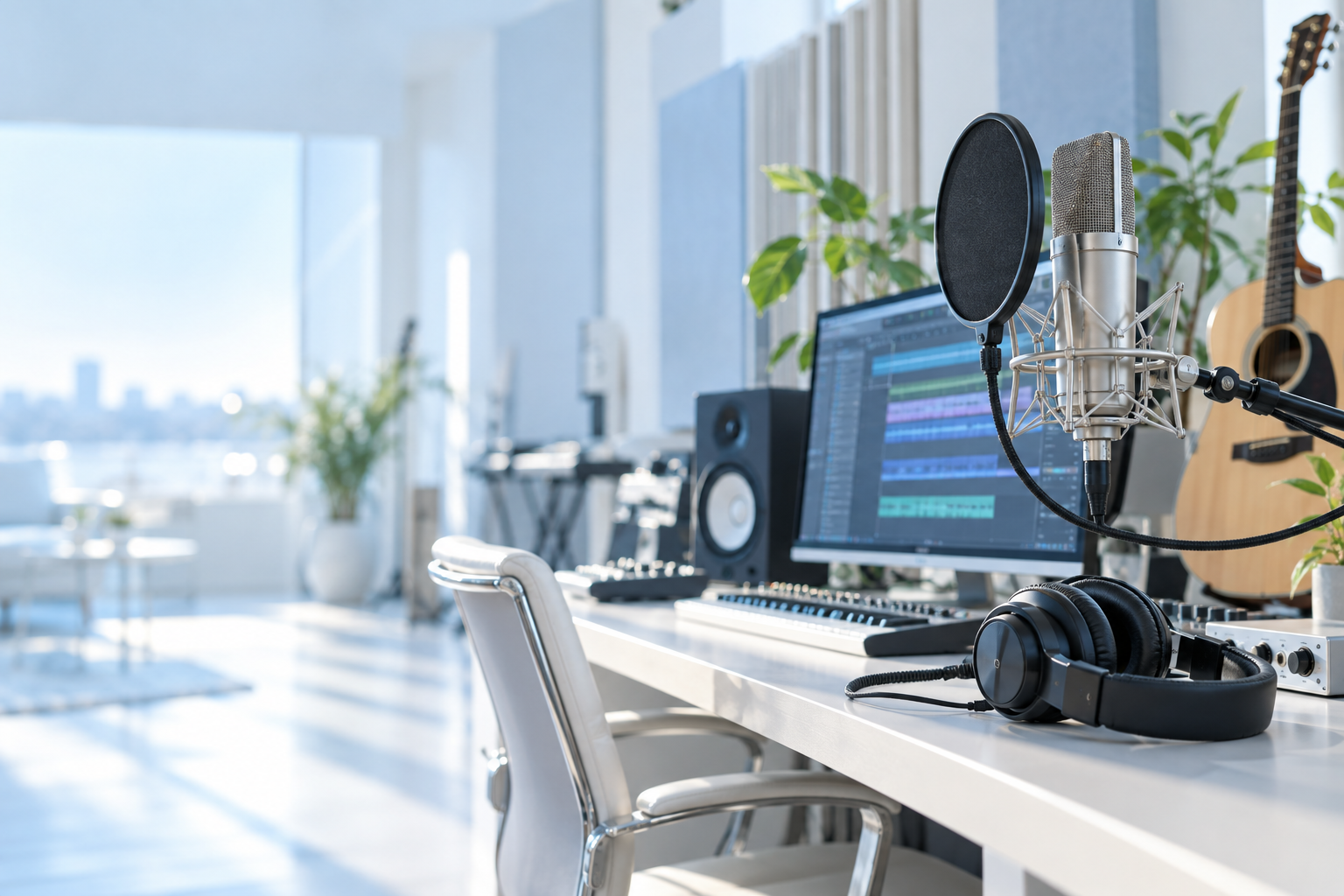 マイクとアコースティックギターを配した音楽制作のイメージ